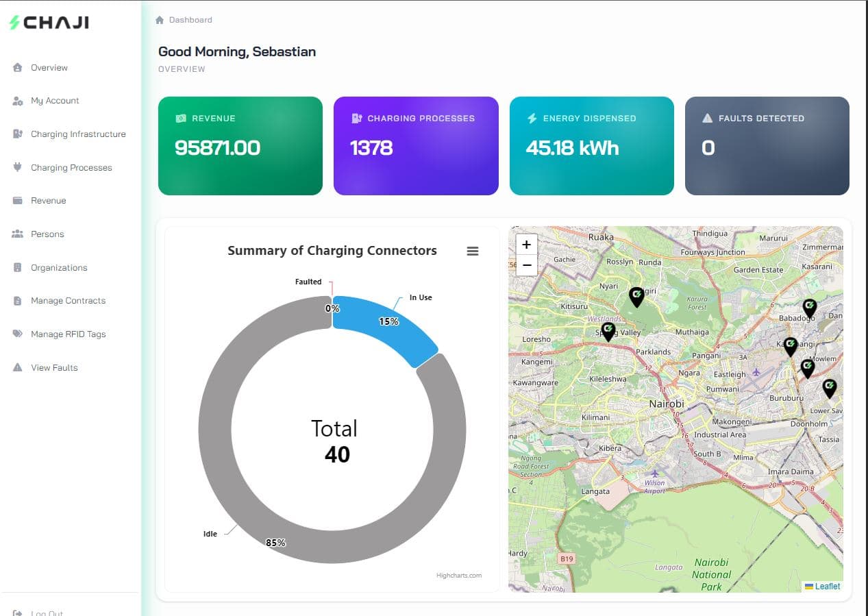 The FleetOS operations dashboard showing revenue, charging sessions, energy dispensed and a map of sites